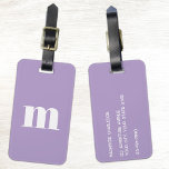 Modern Monogram Initial Lilac Pastel Luggage Tag<br><div class="desc">Modern lower case typography minimalist monogram initial design which can be changed to personalize,  along with the details on the reverse. White on a pastel lilac background for a dose of dopamine!</div>