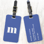 Modern Monogram Initial Luggage Tag<br><div class="desc">Modern lower case typography minimalist monogram initial design which can be changed to personalize,  along with the details on the reverse. White on a blue background.</div>