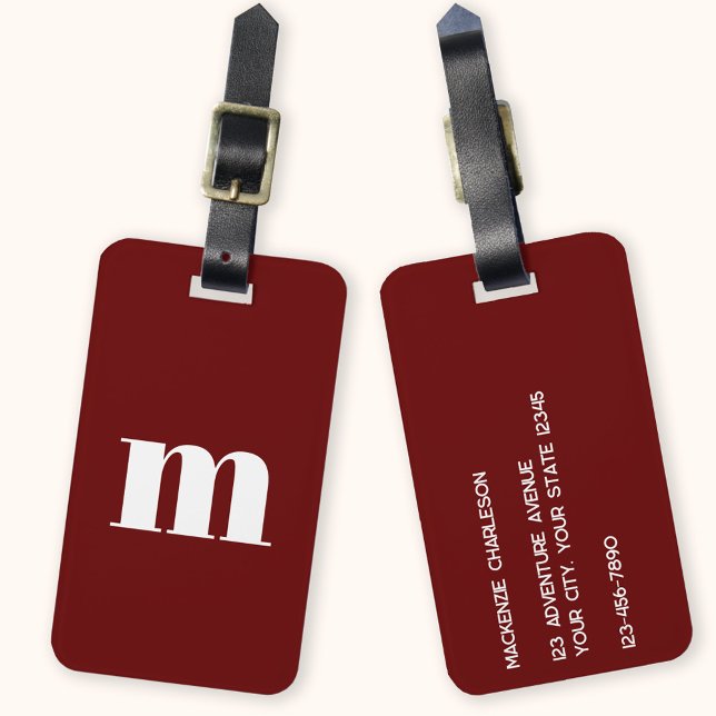 Modern Monogram Initial Luggage Tag (Modern monogram initial personalized burgundy luggage tag)