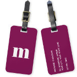 Modern Monogram Initial Luggage Tag<br><div class="desc">Modern lower case typography minimalist monogram initial design which can be changed to personalize,  along with the details on the reverse. White on a burgundy background.</div>