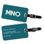 Modern Monogram Initial Luggage Tag<br><div class="desc">Modern minimalist monogram initial design which can be changed to personalize,  along with the details on the reverse. White on a teal green background with a light apple green drop shadow.</div>