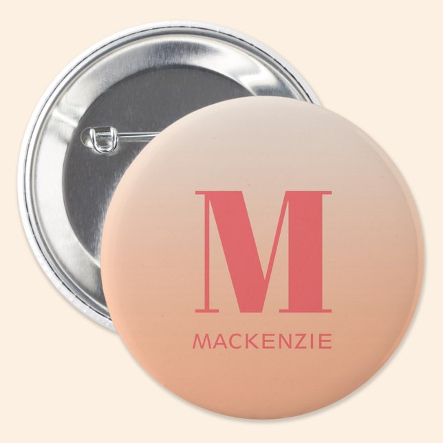 Modern Monogram Initial Name Peach Gradient Button (Peach gradient monogram initial name personalized button)