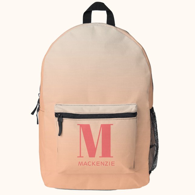 Modern Monogram Initial Name Peach Gradient Printed Backpack (Peach gradient modern typography personalized monogram name initial backpack)