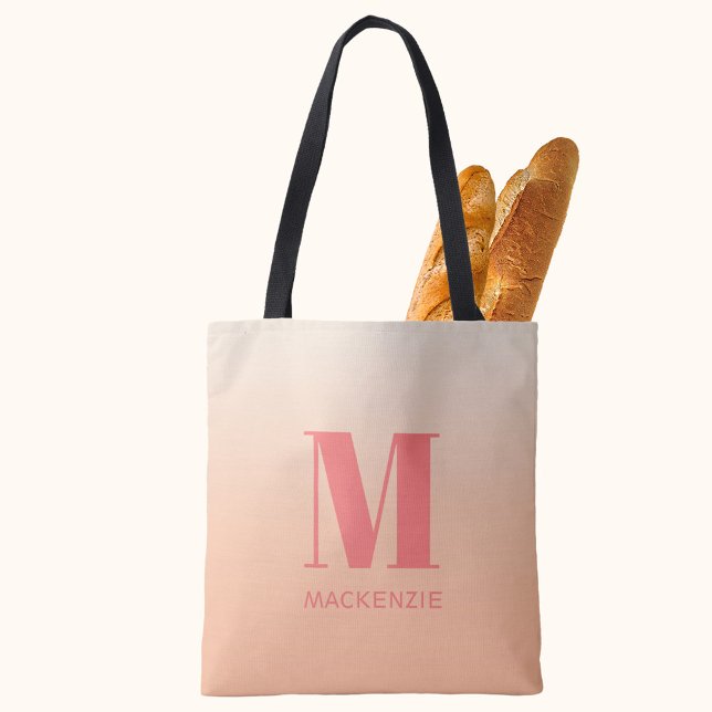 Modern Monogram Initial Name Peach Gradient Tote Bag (Peach gradient modern monogram name personalized tote bag)