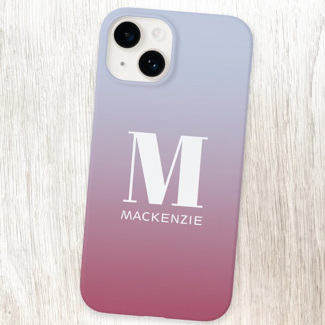 Modern Monogram Initial Name Pink Blue Gradient Iphone Case (Simple modern monogram name personalized pink blue gradient iPhone case)