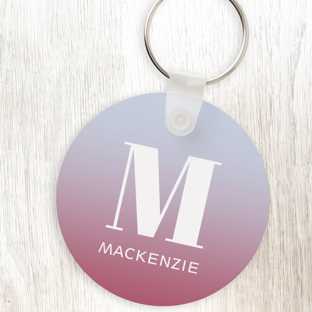 Modern Monogram Initial Name Pink Blue Gradient Keychain (Simple monogram initial name personalized pink to blue gradient modern key chain)