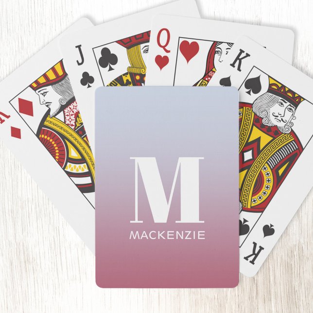 Modern Monogram Initial Name Pink Blue Gradient Poker Cards (Simple modern monogram name personalized pink blue gradient playing cards)