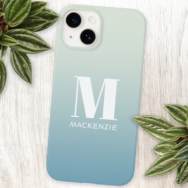 Modern Monogram Initial Name Teal Aqua Gradient Case-Mate iPhone Case (Simple modern monogram name personalized teal aqua gradient iPhone case)