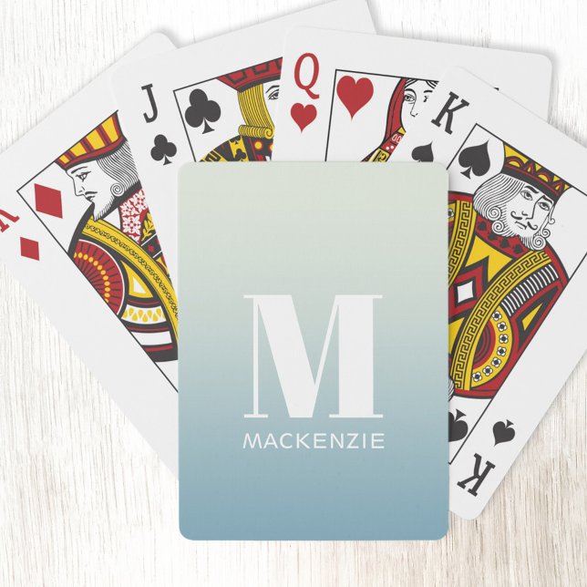 Modern Monogram Initial Name Teal Aqua Gradient Poker Cards (Simple modern monogram name personalized teal aqua green ocean gradient playing cards)