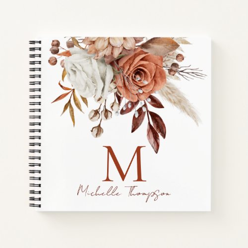 Modern Monogram Initial Name Terracotta Florals Notebook