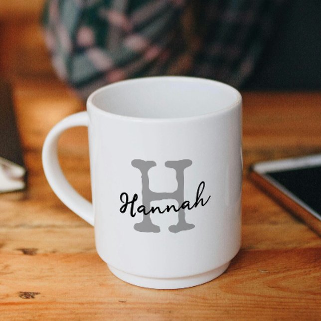 Modern Monogram Initial Name Typewriter Script Coffee Mug (Modern Monogram Initial Name Mug | Gray Typewriter Script Custom Housewarming Gift Drinkware)