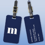 Modern Monogram Initial Navy Blue Luggage Tag<br><div class="desc">Modern lower case typography minimalist monogram initial design which can be changed to personalize,  along with the details on the reverse. White on a navy blue background.</div>
