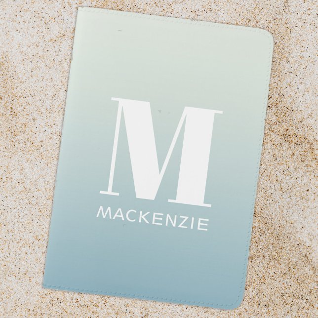 Modern Monogram Initial Pastel Blue Green Gradient Passport Holder (Modern monogram initial name personalized blue green pastel gradient passport holder cover)