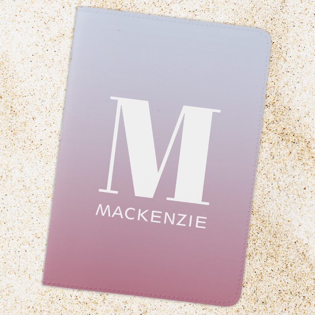 Modern Monogram Initial Pink Blue Gradient Passport Holder (Modern monogram initial custom name gradient dopamine pink blue passport cover holder)