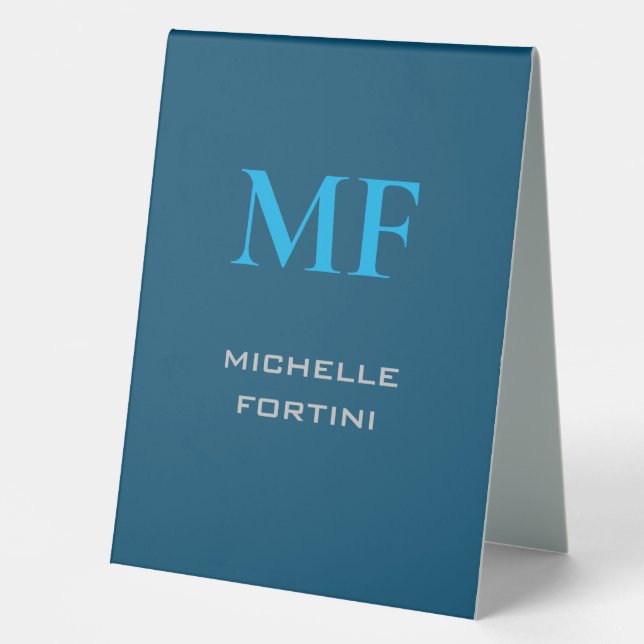 Modern Monogram Initial Plain Sky & Ocean Blue Table Tent (Front)