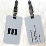 Modern Monogram Initial Powder Blue Luggage Tag<br><div class="desc">Modern lower case typography minimalist monogram initial design which can be changed to personalize,  along with the details on the reverse. Black on a dusty powder blue background.</div>