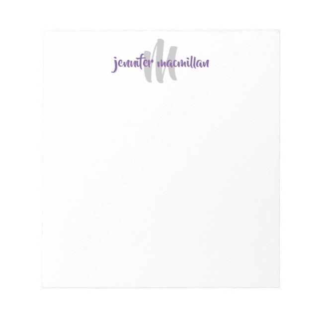 Modern Monogram Initial, Purple-Gray Personalized Notepad (Front)