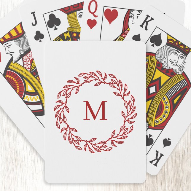 Modern Monogram Initial Red Leaf and Berry Wreath Poker Cards (Monogram initial leaf wreath red and white personalized playing cards)