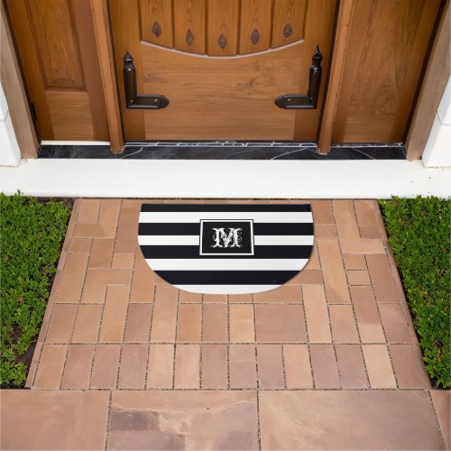 Modern Monogram Initial Rustic Black White Front Doormat
