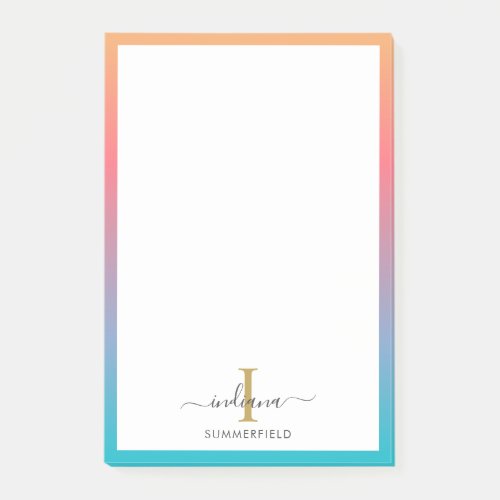 Modern Monogram Initial Script Blue Orange Ombre Post_it Notes