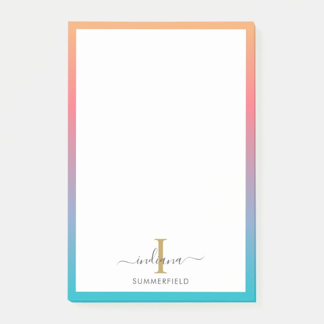 Modern Monogram Initial Script Blue Orange Ombre Post-it Notes (Front)