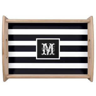 Modern Monogram Initial Simple Elegant Black White Serving Tray