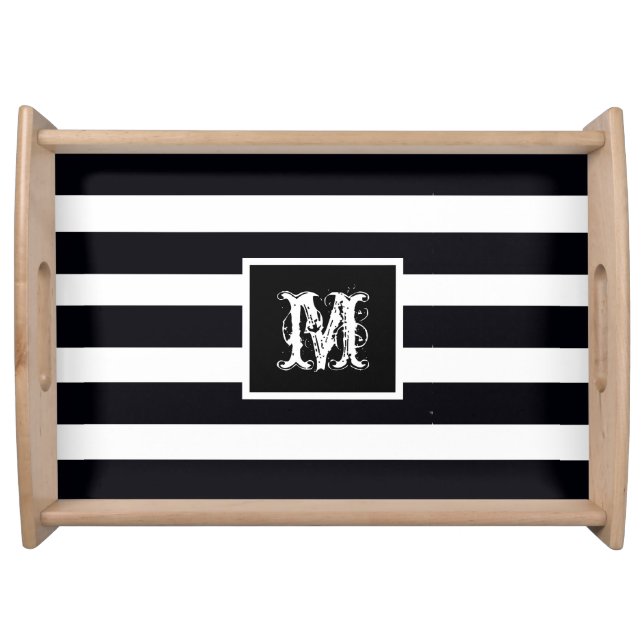 Modern Monogram Initial Simple Elegant Black White Serving Tray (Front)