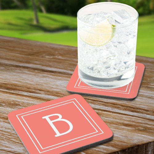 Modern Monogram Initial Template Simple Coral Beverage Coaster