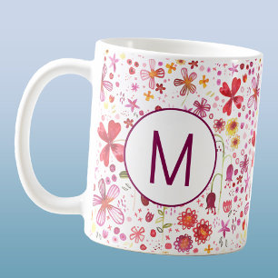 Modern Monogram Initial Wildflower Watercolor Coffee Mug