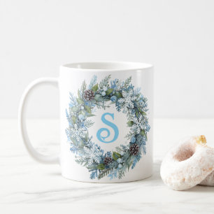 Modern Monogram Initial Winter Wreath  Coffee Mug
