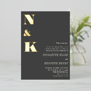 Modern Monogram Initials Black Bold Wedding Gold Foil Invitation