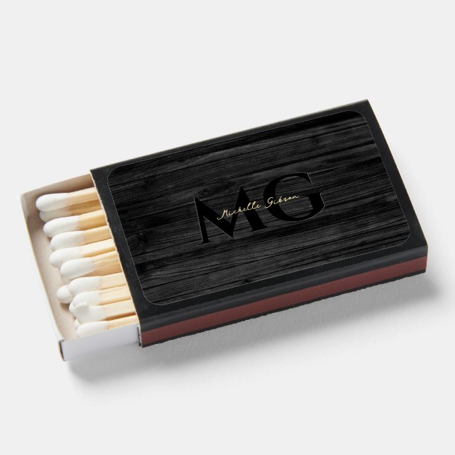 Modern Monogram Initials Black Wood Gold  Matchboxes (Front Open)