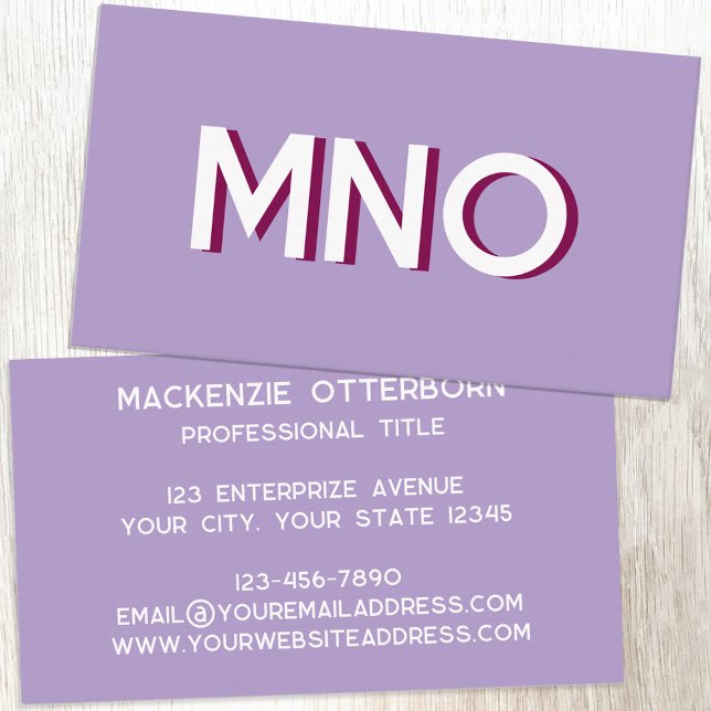 Modern Monogram Initials Drop Shadow Business Card (Modern drop shadow monogram initials business card in lilac purple)