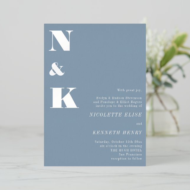 Modern Monogram Initials Dusty Blue Bold Wedding  Foil Invitation (Standing Front)