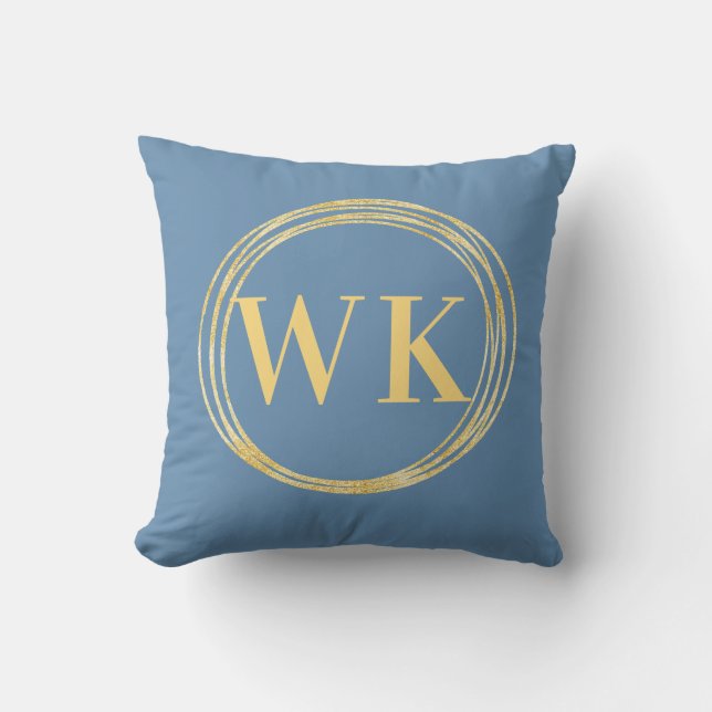 Modern Monogram Initials Dusty Blue Gold Circles Throw Pillow (Front)