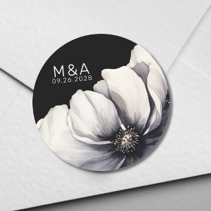 Modern Monogram Initials Flower Black Wedding Classic Round Sticker