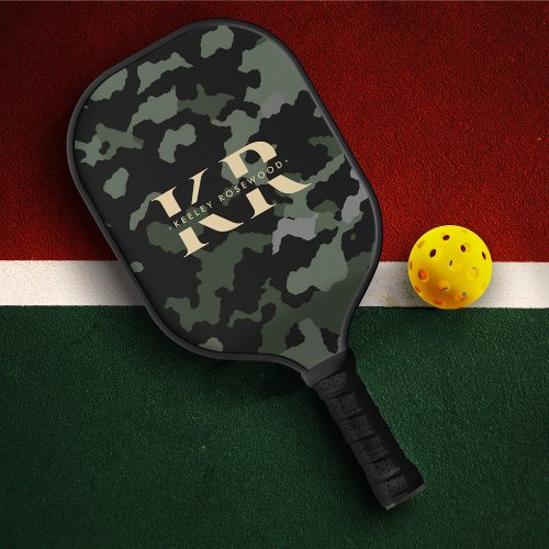 Modern Monogram Initials Gold Green Camouflage Pickleball Paddle
