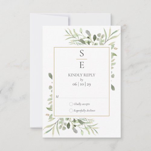 Modern Monogram Initials Greenery Wedding RSVP Card