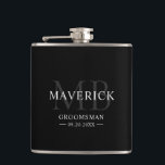 Modern Monogram Initials Groomsmen Wedding Gift Flask<br><div class="desc">This stylish monogrammed groomsman flask features the groomsmen names, initials, title and date written in a trendy, gray minimalist typography. Simply add the names of the groomsmen, their initials, title and date in the personalize section to create your own wedding party flask. Although shown here as a groomsman flask, easily...</div>