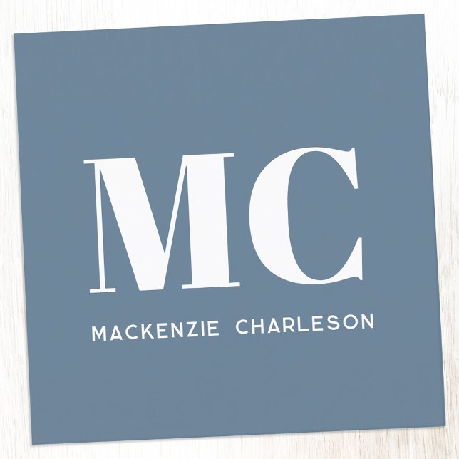 Modern Monogram Initials Name Dusty Blue Gray Square Business Card (Simple minimalist monogram initial dusty blue gray professional business card)