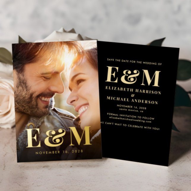 Modern Monogram Initials Photo Save The Date Gold Foil Invitation (Creator Uploaded)