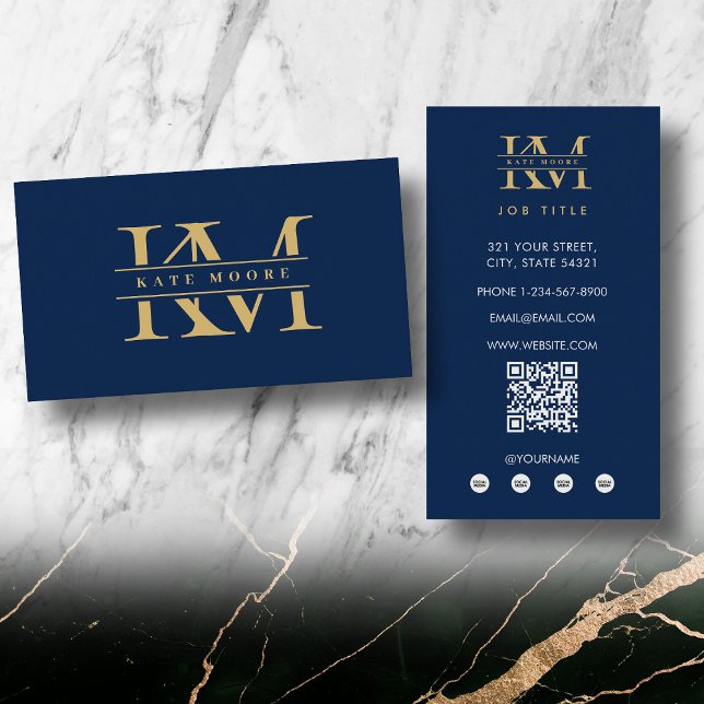 Modern Monogram Initials Professional Blue Gold Business Card (Modern Monogram Initials Professional Blue Gold Business Card)