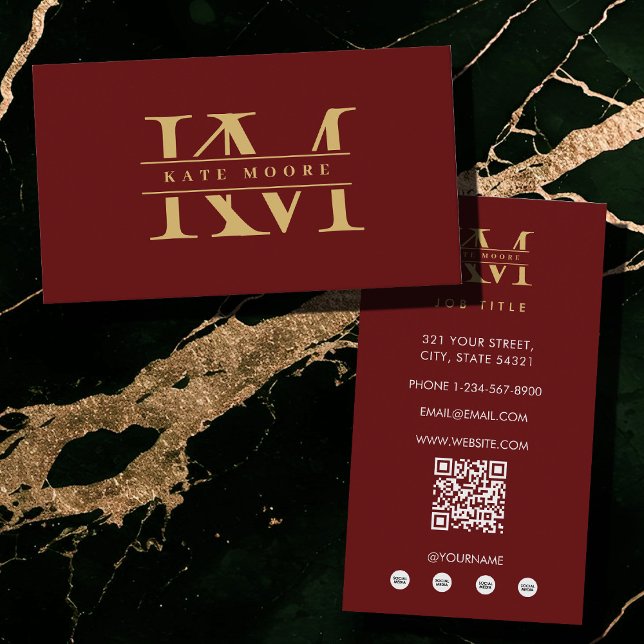 Modern Monogram Initials Professional Red Gold Business Card (Modern Monogram Initials Professional Red Gold Business Card)