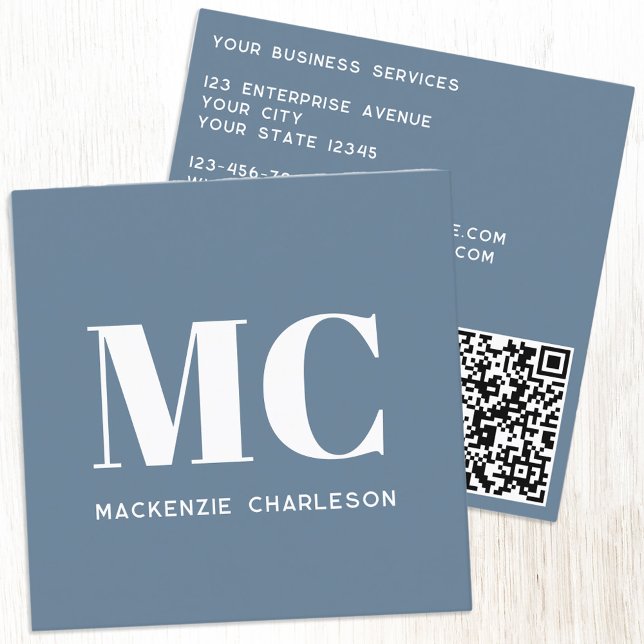 Modern Monogram Initials QR Code Dusty Blue Gray Square Business Card (Minimalist monogram initials QR code dusty blue gray professional square business card)