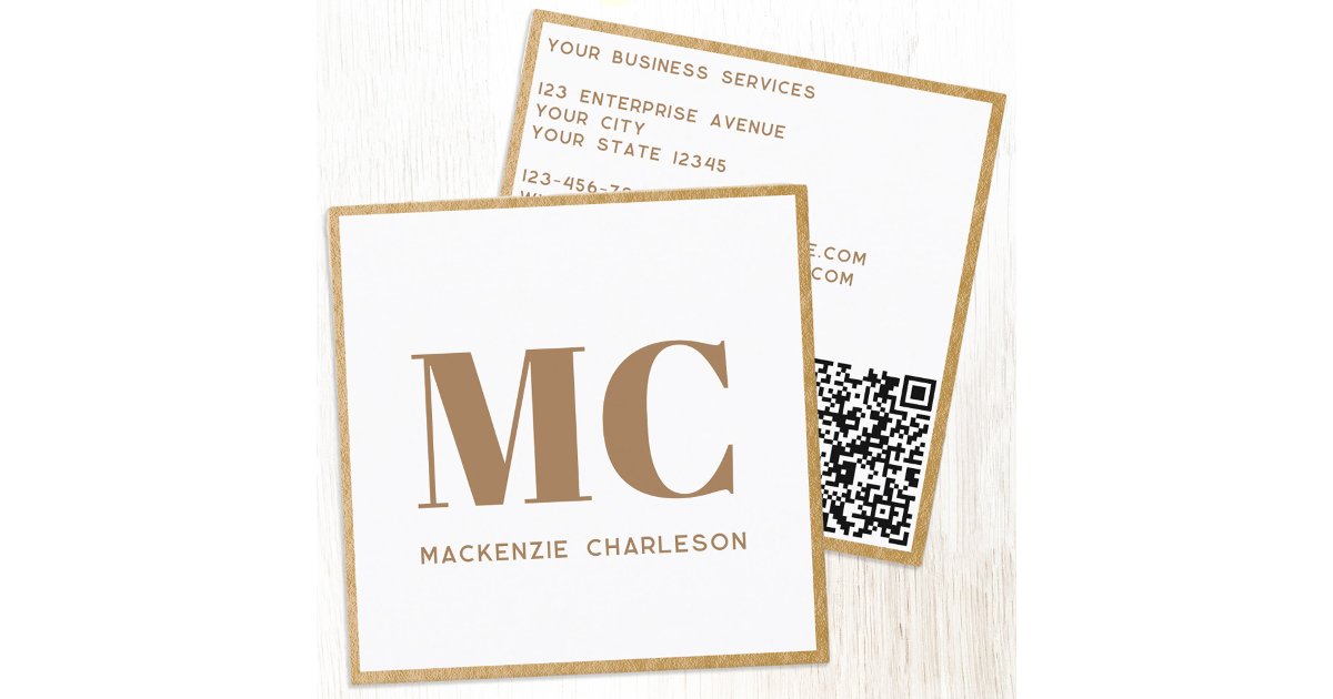 Modern Monogram Initials QR Code Gold Frame Square Business Card | Zazzle