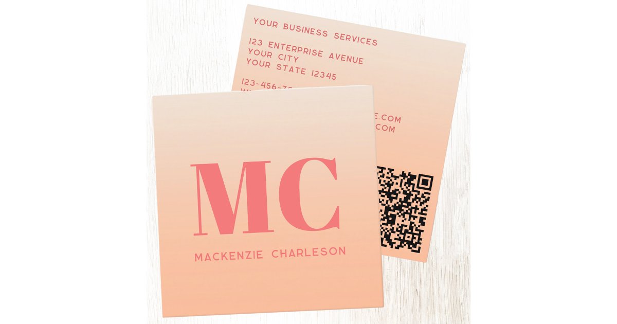 Modern Monogram Initials QR Code Peach Gradient Square Business Card ...