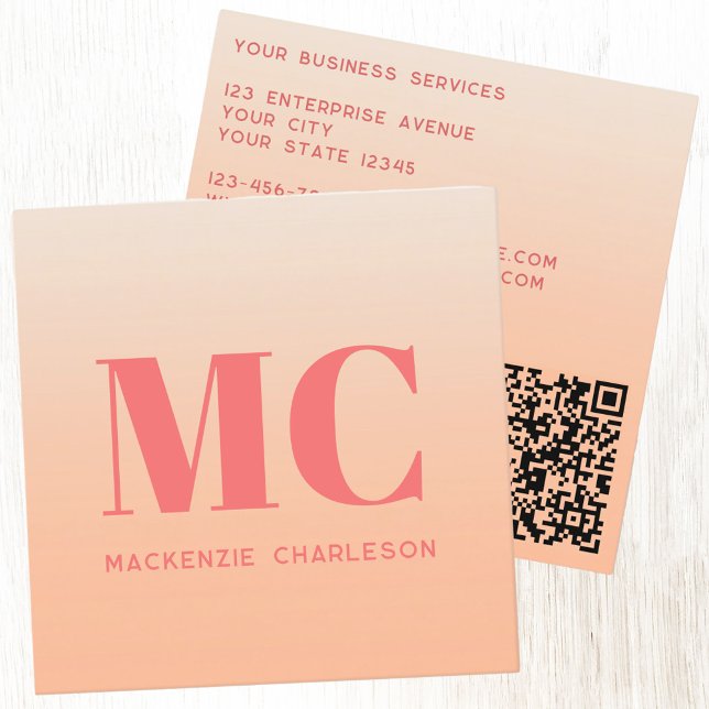 Modern Monogram Initials QR Code Peach Gradient Square Business Card (Simple minimalist initials peach gradient QR code business card)