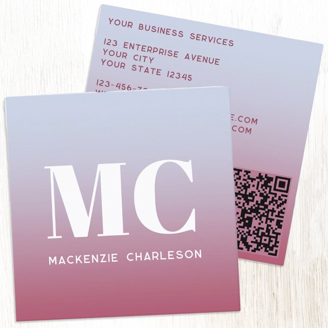 Modern Monogram Initials QR Code Pink Blu Gradient Square Business Card (Modern minimalist monogram initial QR code pink blue gradient professional square business card)