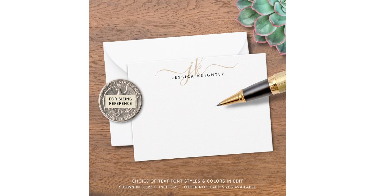 Modern Monogram Initials Script Chic Gold Minimal Note Card | Zazzle