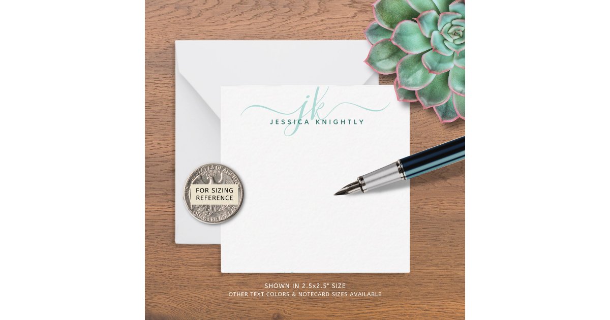 Modern Monogram Initials Turquoise Script Minimal Note Card | Zazzle